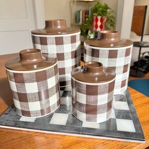 Vintage Brown and White Gingham Checkered Canister Set | Ransburg | Rare Tin